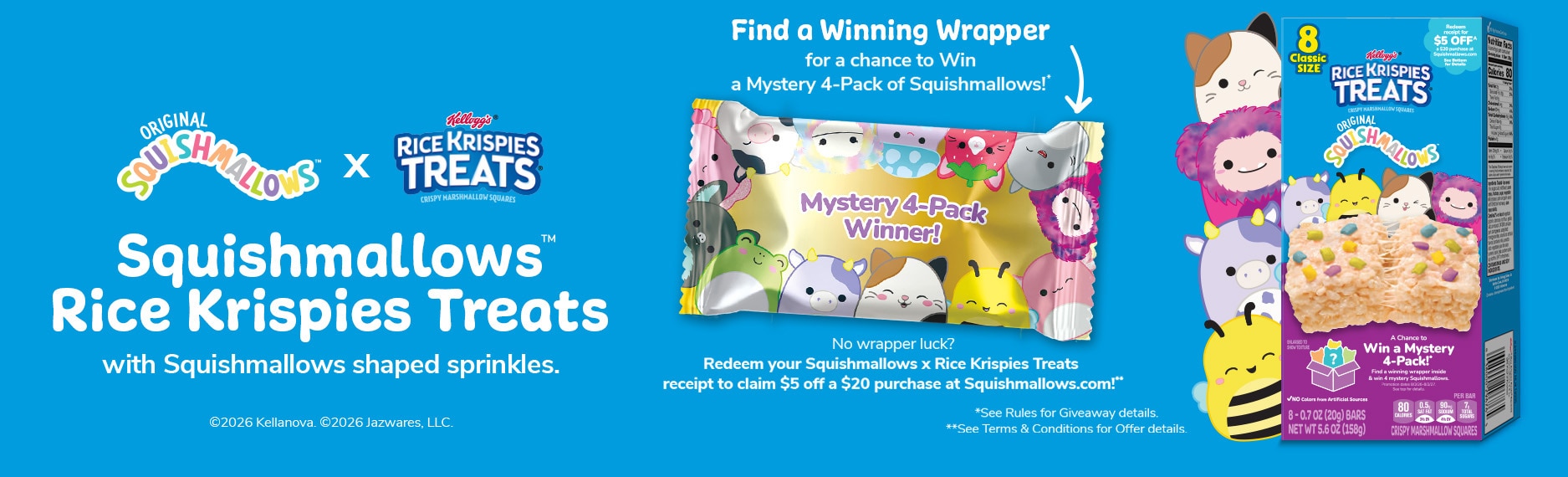 Squishmallow and Rice Krispies Treats. Find a winning wrapper for a chace to win a mystery 4-pack of Squishmallows. 
