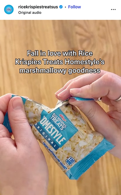 Fall in love with Rice Krispies Treats Homestyle's marshmallowy goodness. A treat package being torn open.